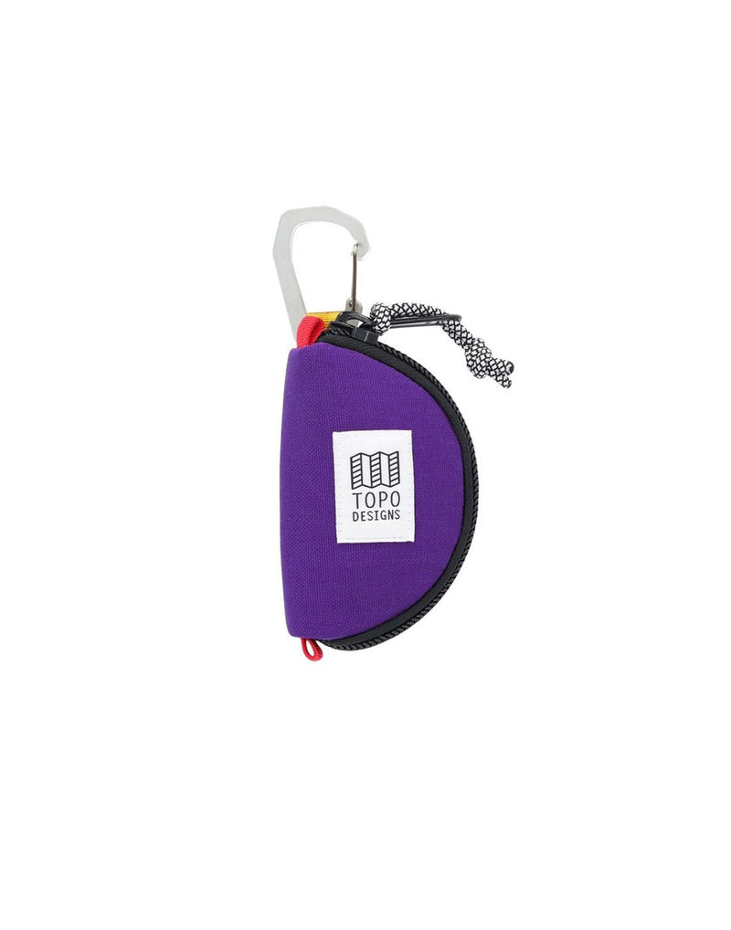 Topo Designs Taco Bag - purple, taco shaped zip pouch with white and black zipper pull and logo patch on front, carabiner clip on top