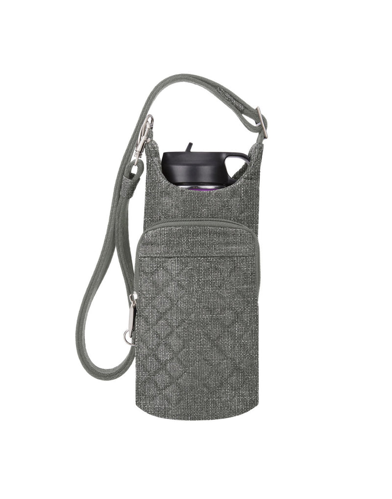 Front view of the Travelon Boho Anti-Theft Insulated Water Bottle Tote in Grey Heather.