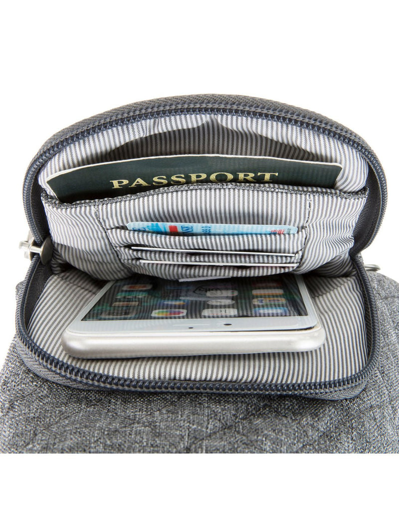 Interior view of the Front zippered pocket organizer of the Travelon Boho Anti-Theft Insulated Water Bottle Tote in Grey Heather. 