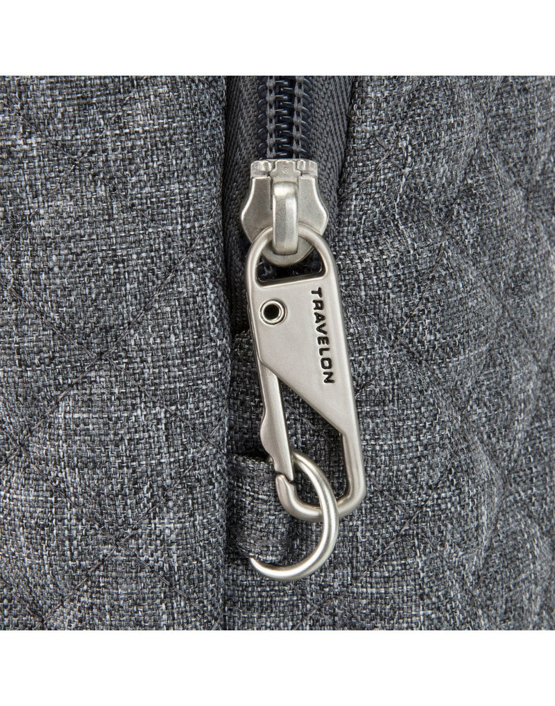 Travelon Boho Anti-Theft Insulated Water Bottle Tote in Grey Heather, close-up view of anti-theft zipper tab.