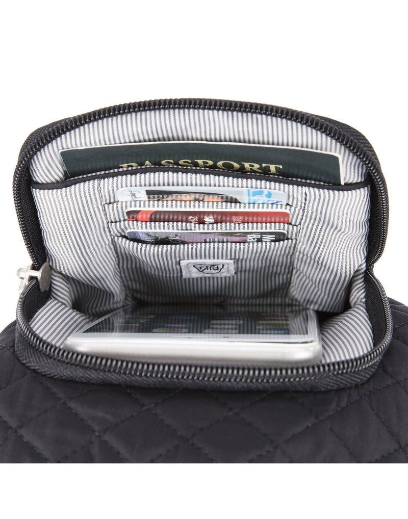 Interior view of the Front zippered pocket organizer of the Travelon Boho Anti-Theft Insulated Water Bottle Tote in Black.