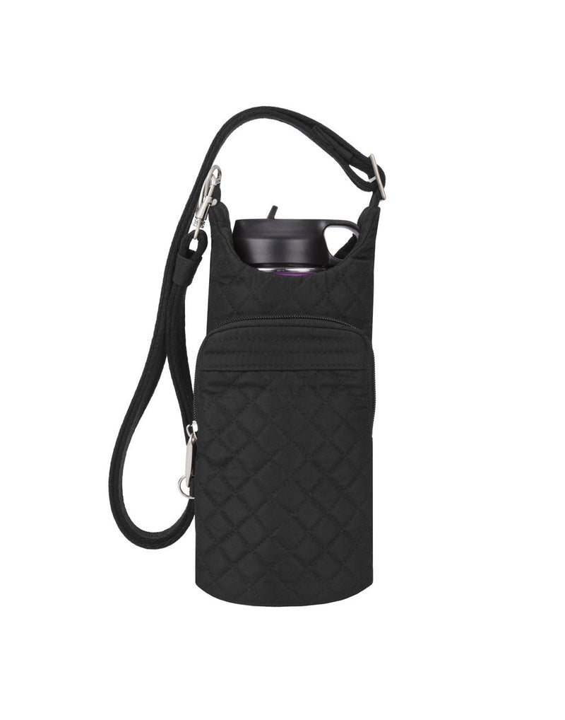 Front view of the Travelon Boho Anti-Theft Insulated Water Bottle Tote in Black.