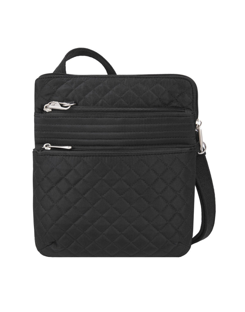 Front of the Travelon Boho Anti-Theft Slim Crossbody in Black showing the two front zippered pockets. 