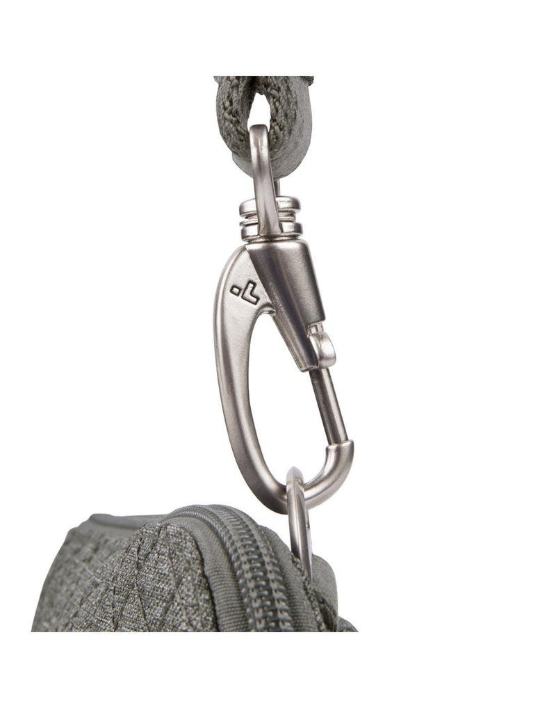 Close-up of the anti-theft shoulder strap clasp on the Travelon Boho Anti-Theft Slim Crossbody in Grey Heather.