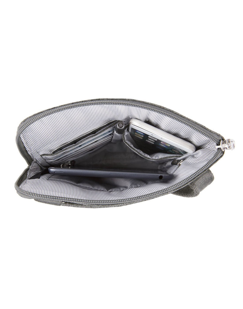 Top view of the Travelon Boho Anti-Theft Slim Crossbody in Grey Heather showing the interior of main compartment.