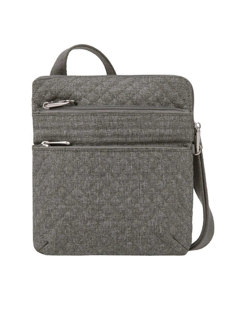 Front of the Travelon Boho Anti-Theft Slim Crossbody in Grey Heather showing the two front zippered pockets.