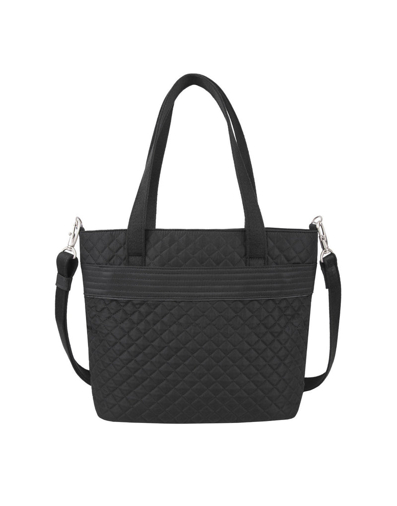 Front of the Travelon Boho Anti-Theft Tote in Black, showing the carry handles and detachable shoulder strap.