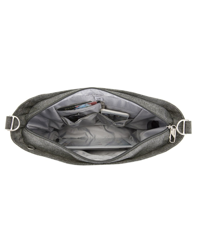 Top view of the Travelon Boho Anti-Theft Tote in Grey Heather showing inside of the interior compartment.