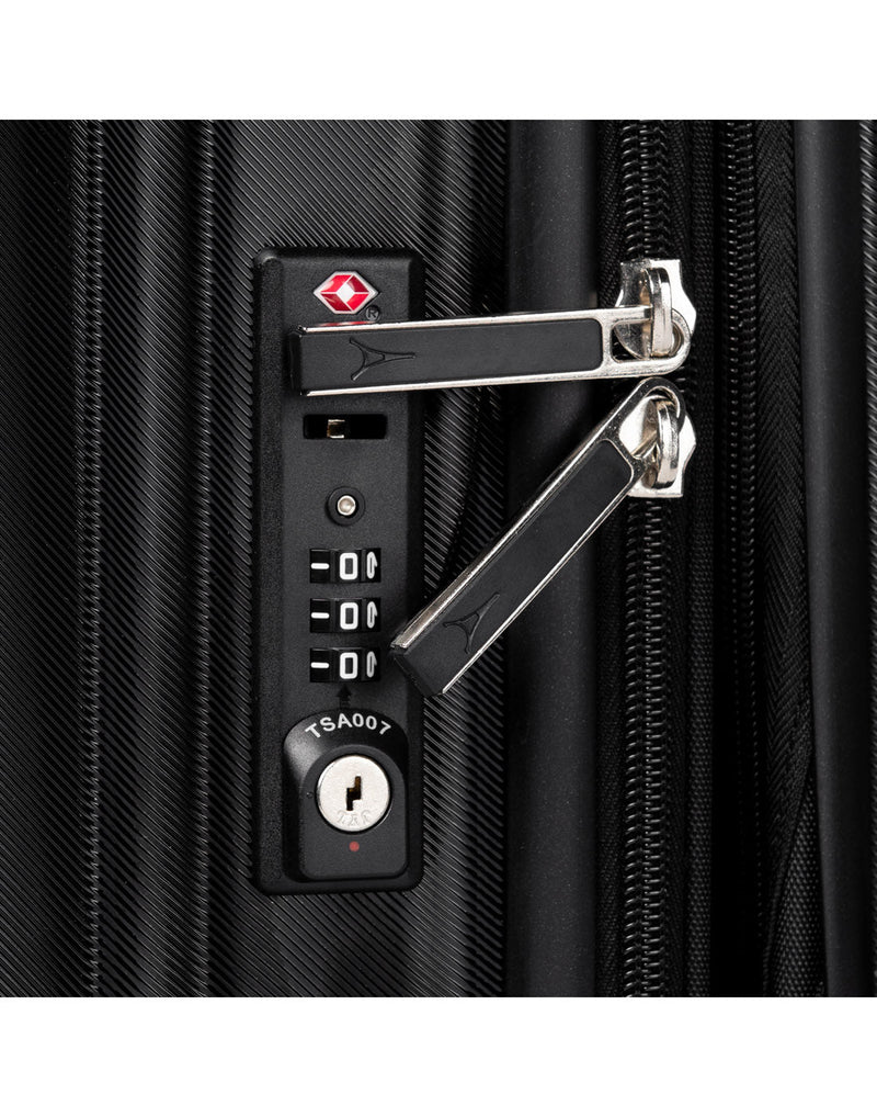 Travelpro Maxlite® Air Large Hardside Expandable Spinner, Black, close up of TSA lock and zipper