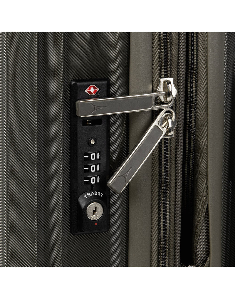 Travelpro Maxlite® Air Large Hardside Expandable Spinner, slate green, close up of TSA lock and zipper