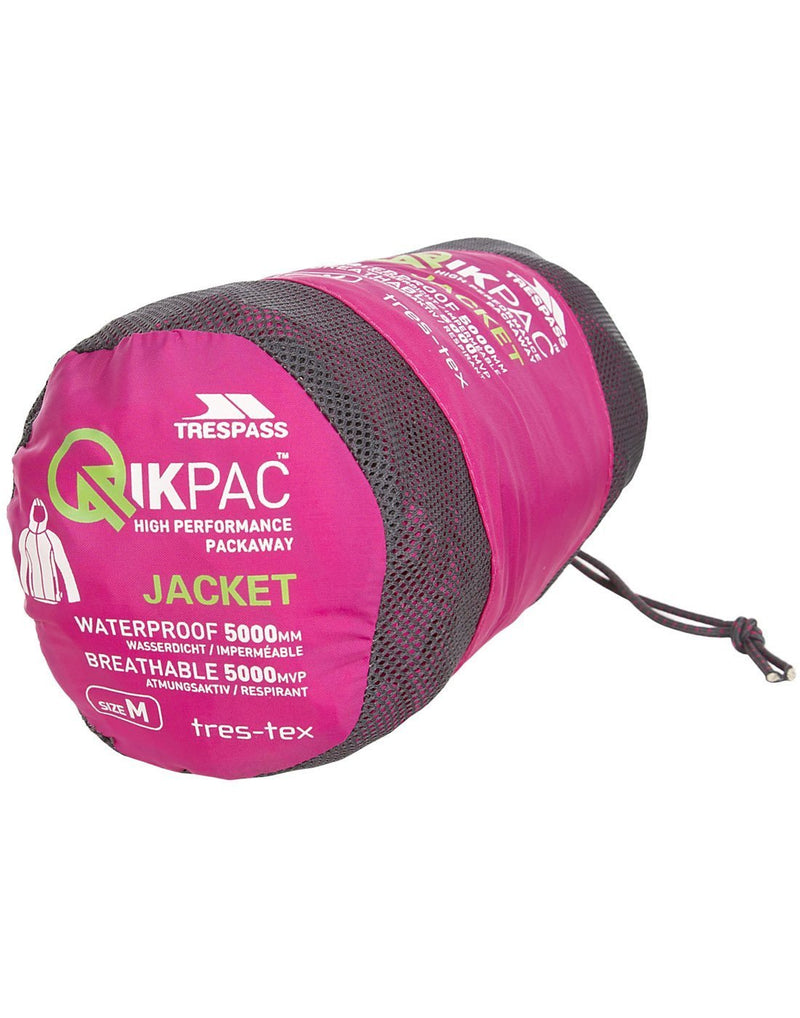 Trespass qikpac adult unisex sasparilla colour waterproof packaway jacket bag