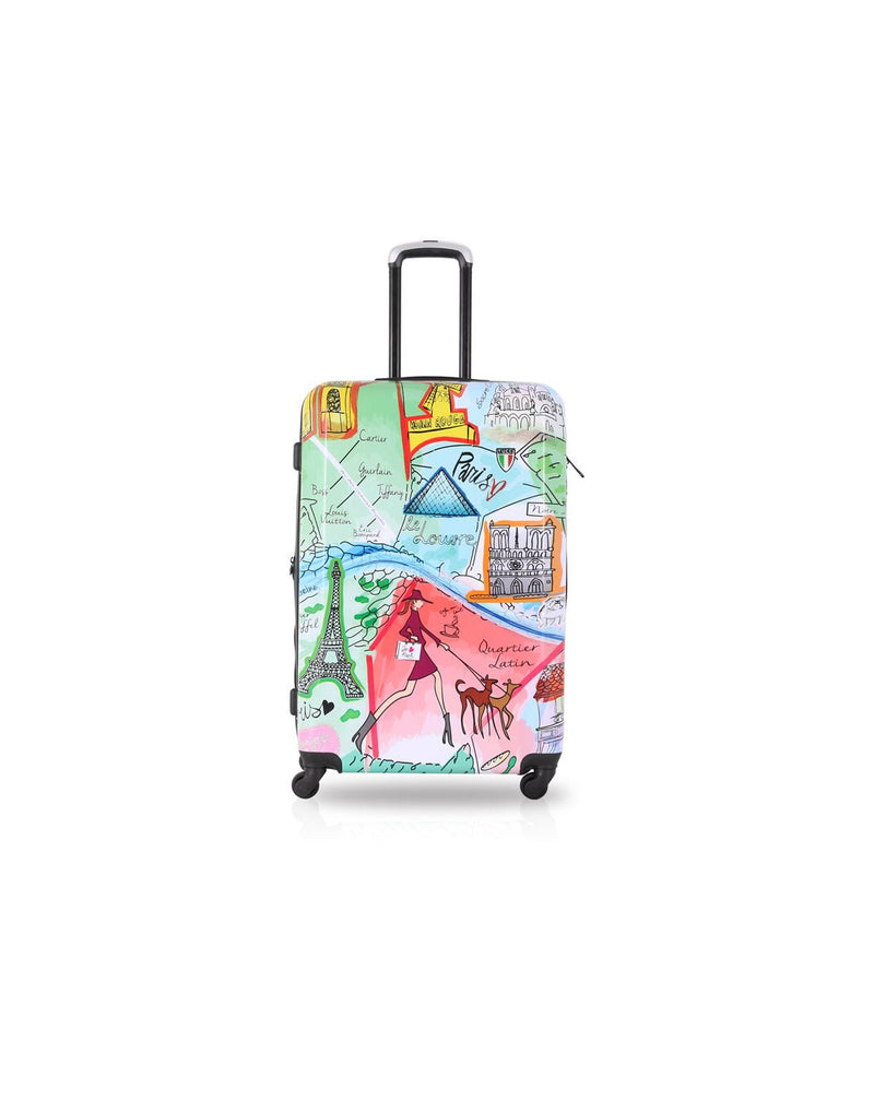 Tucci J'aime Paris 28" Hardside Expandable Spinner, front view, design is modern drawings of Parisian landmarks in bright colourful watercolours